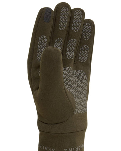 Olive coloured Sealskinz Acle Waterproof Soft Shell Gloves on white background 