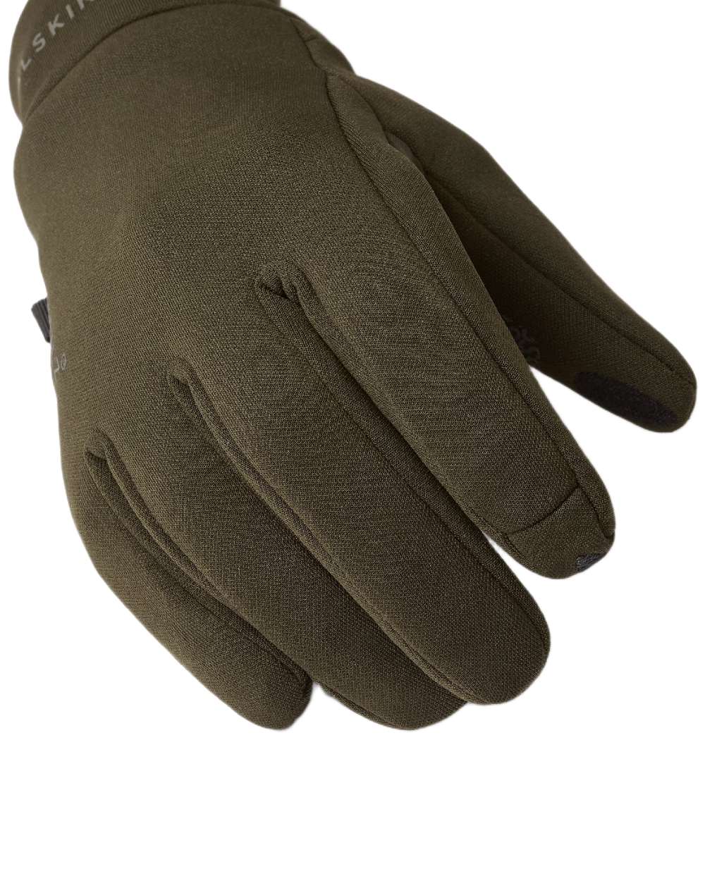 Olive coloured Sealskinz Acle Waterproof Soft Shell Gloves on white background 