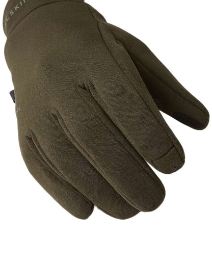 Olive coloured Sealskinz Acle Waterproof Soft Shell Gloves on white background 