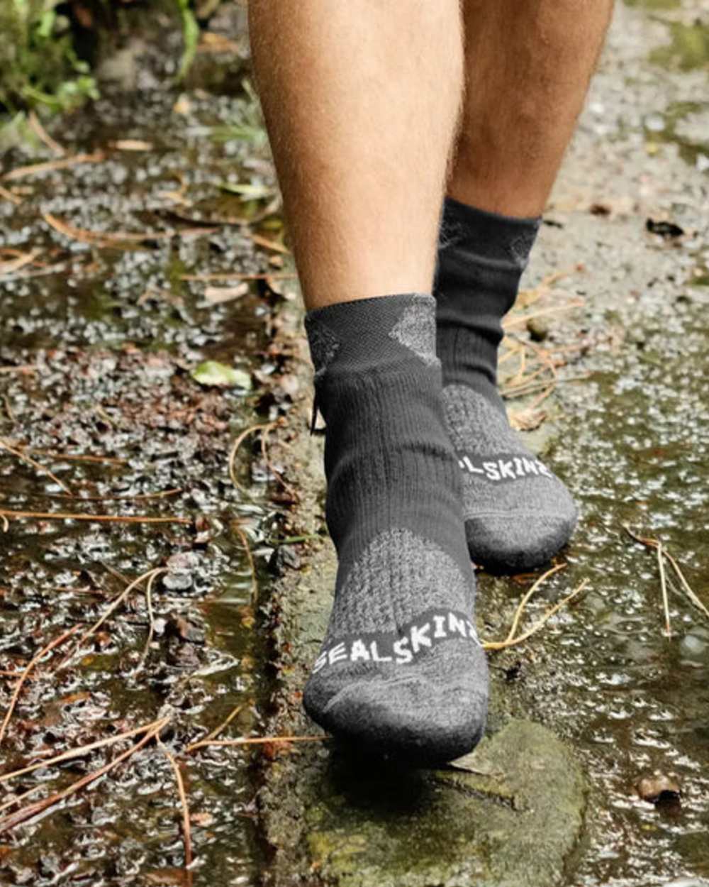 Black Coloured Sealskinz Raynham Waterproof All Weather Mid Length Sock on outdoor background 