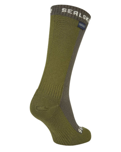 Olive Coloured Sealskinz Starston Waterproof Cold Weather Mid Length Sock on white background 