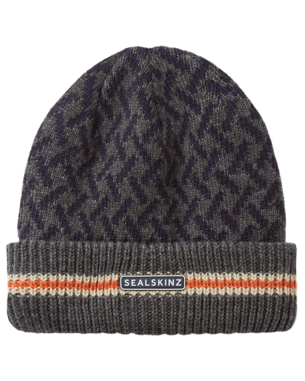 Navy coloured Sealskinz Arminghall Waterproof Jacquard Beanie on white background 