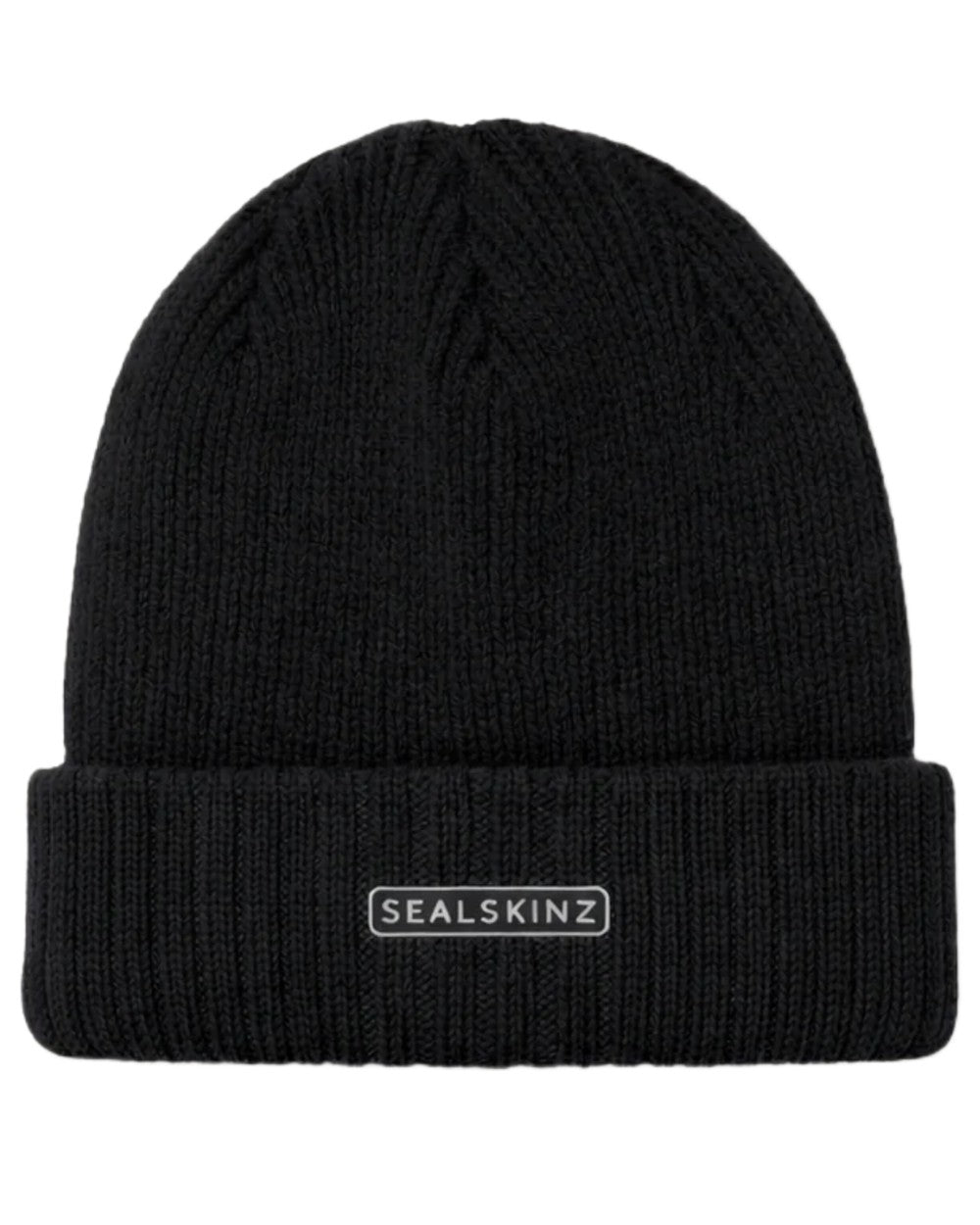 Black coloured Sealskinz Bacton Waterproof Roll Cuff Beanie on white background 