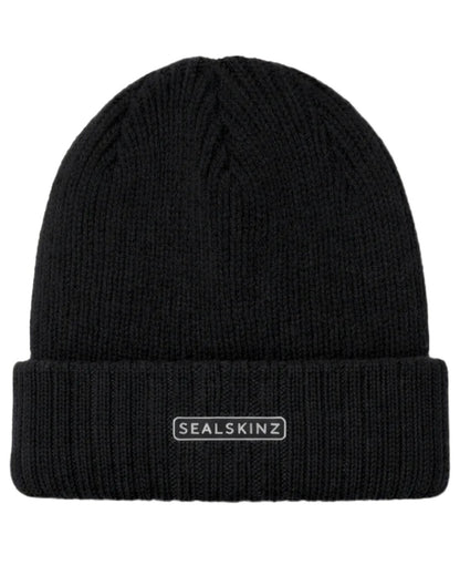 Black coloured Sealskinz Bacton Waterproof Roll Cuff Beanie on white background 