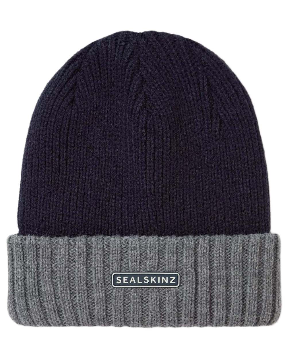 Navy coloured Sealskinz Bacton Waterproof Roll Cuff Beanie on white background 