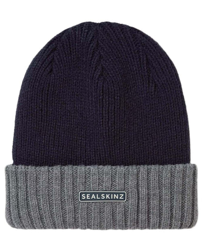 Navy coloured Sealskinz Bacton Waterproof Roll Cuff Beanie on white background 