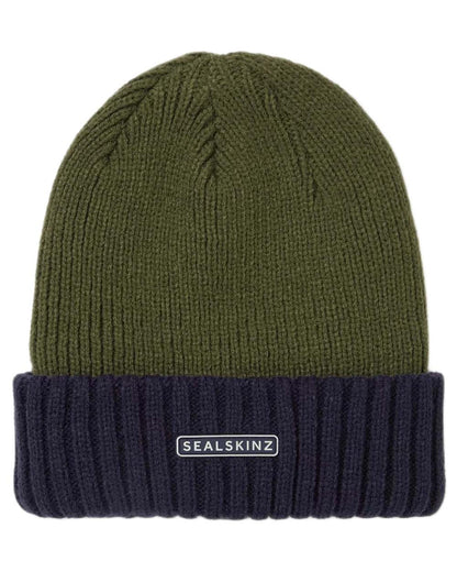 Olive coloured Sealskinz Bacton Waterproof Roll Cuff Beanie on white background 