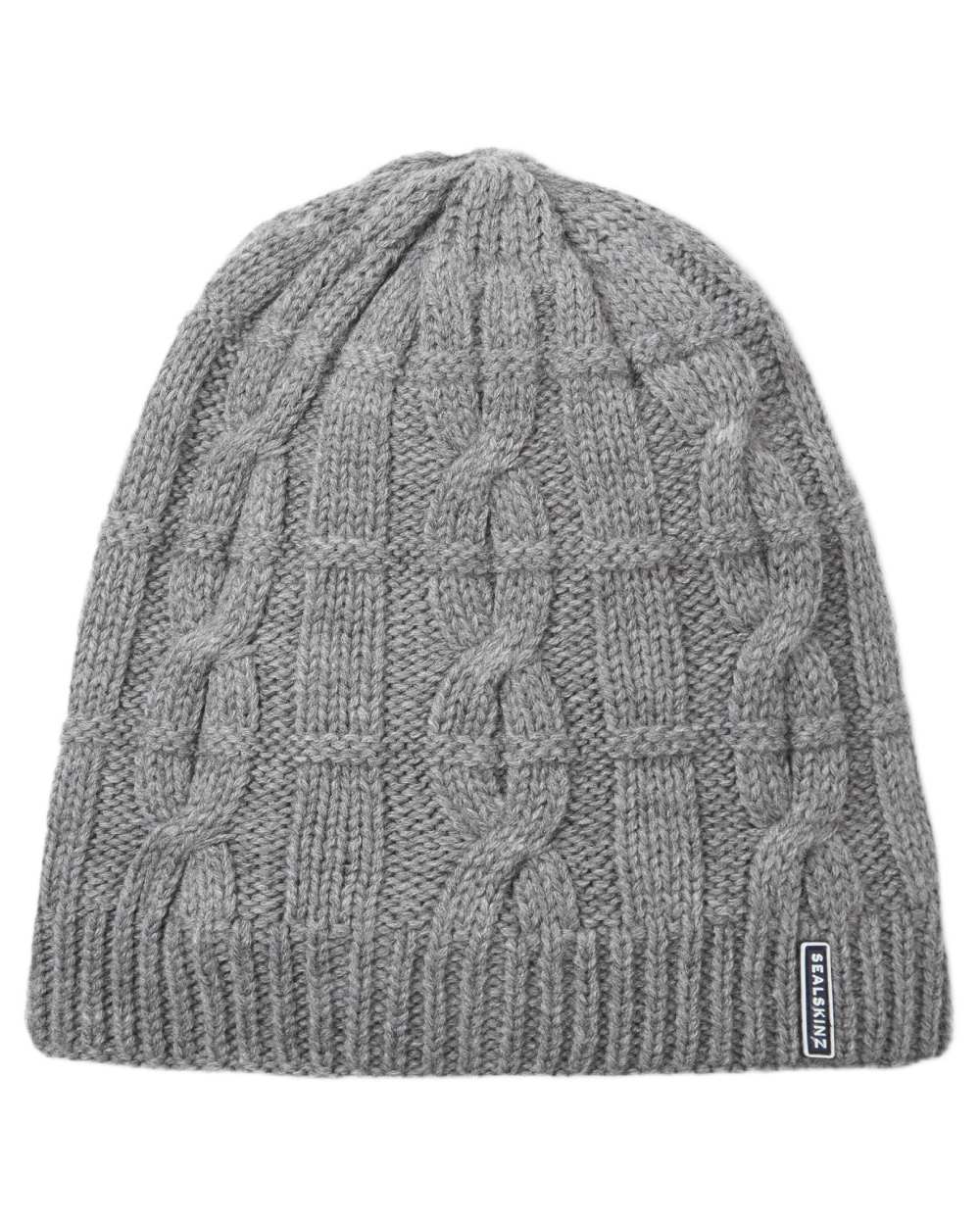 Grey Marl coloured Sealskinz Blakeney Waterproof Cable Knit Beanie on white background 