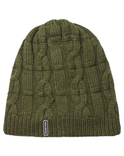 Olive coloured Sealskinz Blakeney Waterproof Cable Knit Beanie on white background 