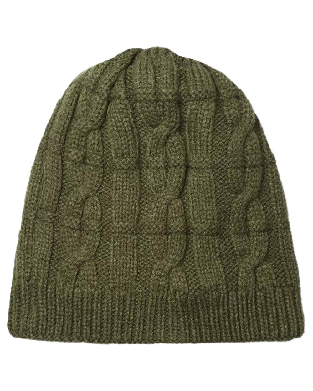 Olive coloured Sealskinz Blakeney Waterproof Cable Knit Beanie on white background 