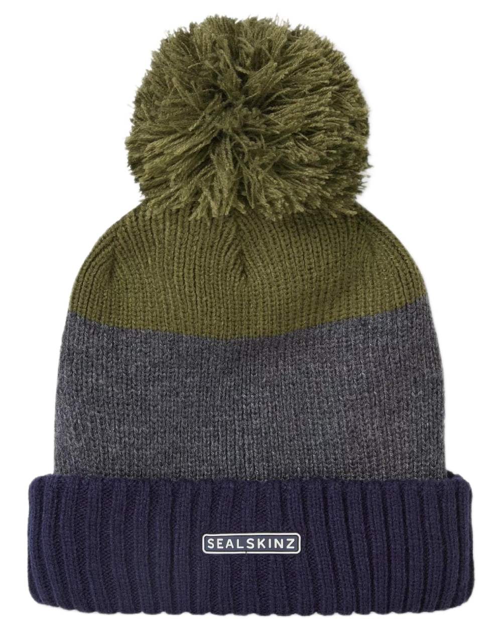 Navy Olive coloured Sealskinz Flitcham Waterproof Cold Weather Bobble Hat on white background 