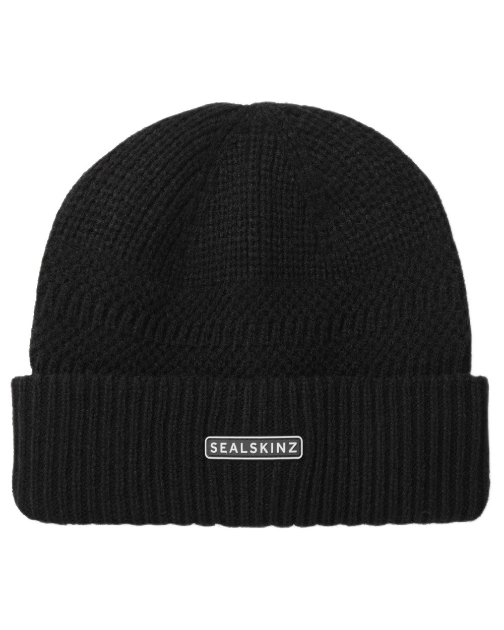 Black coloured Sealskinz Gressenhall Waterproof Roll Cuff Beanie on white background 