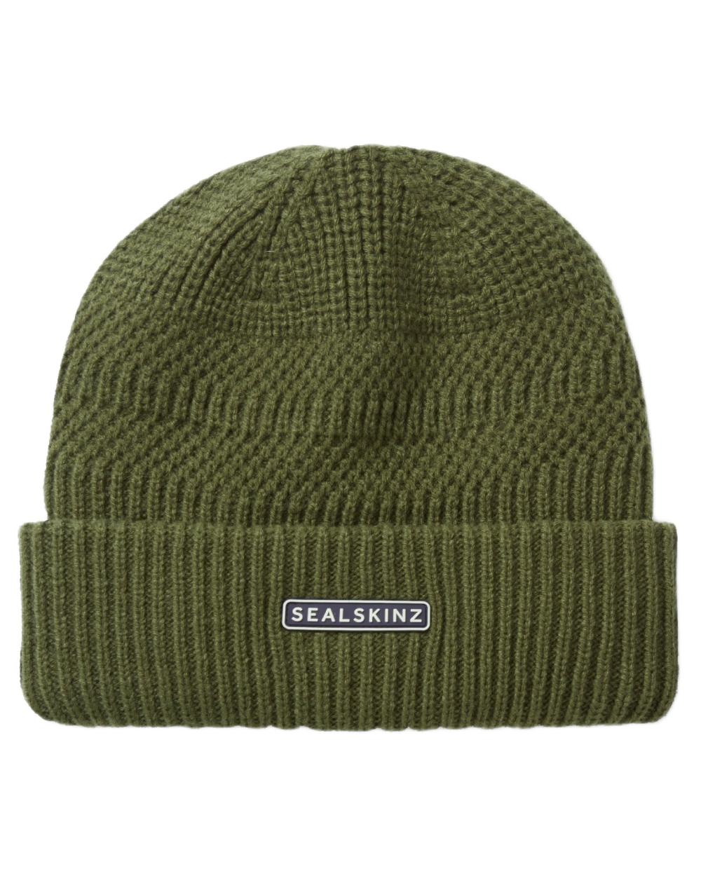 Olive coloured Sealskinz Gressenhall Waterproof Roll Cuff Beanie on white background 