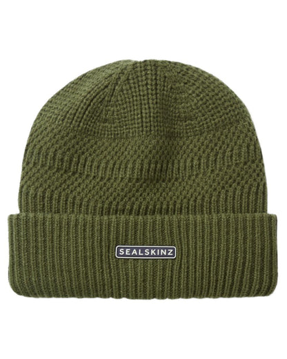 Olive coloured Sealskinz Gressenhall Waterproof Roll Cuff Beanie on white background 