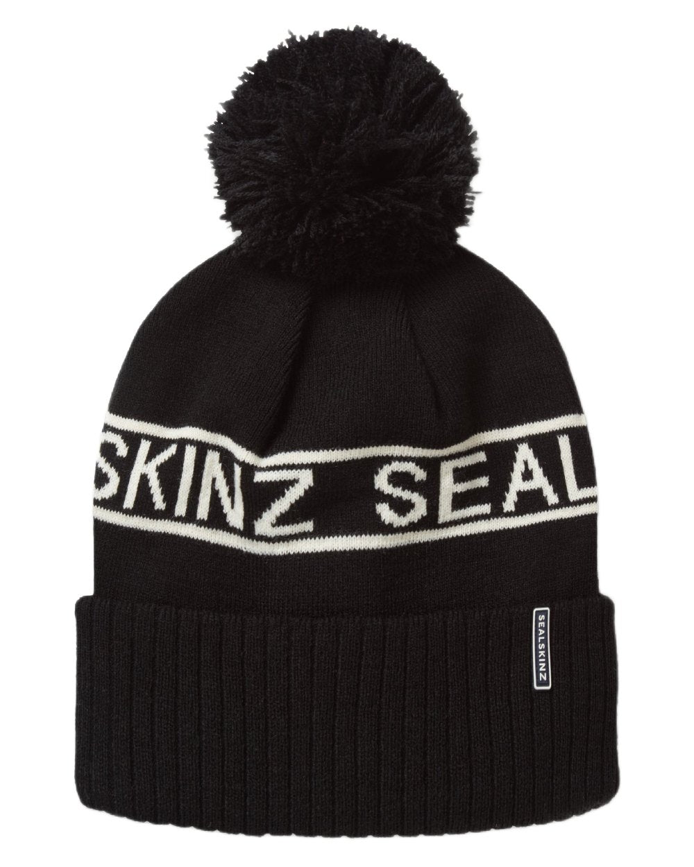 Black coloured Sealskinz Heacham Waterproof Icon Bobble Hat on white background 