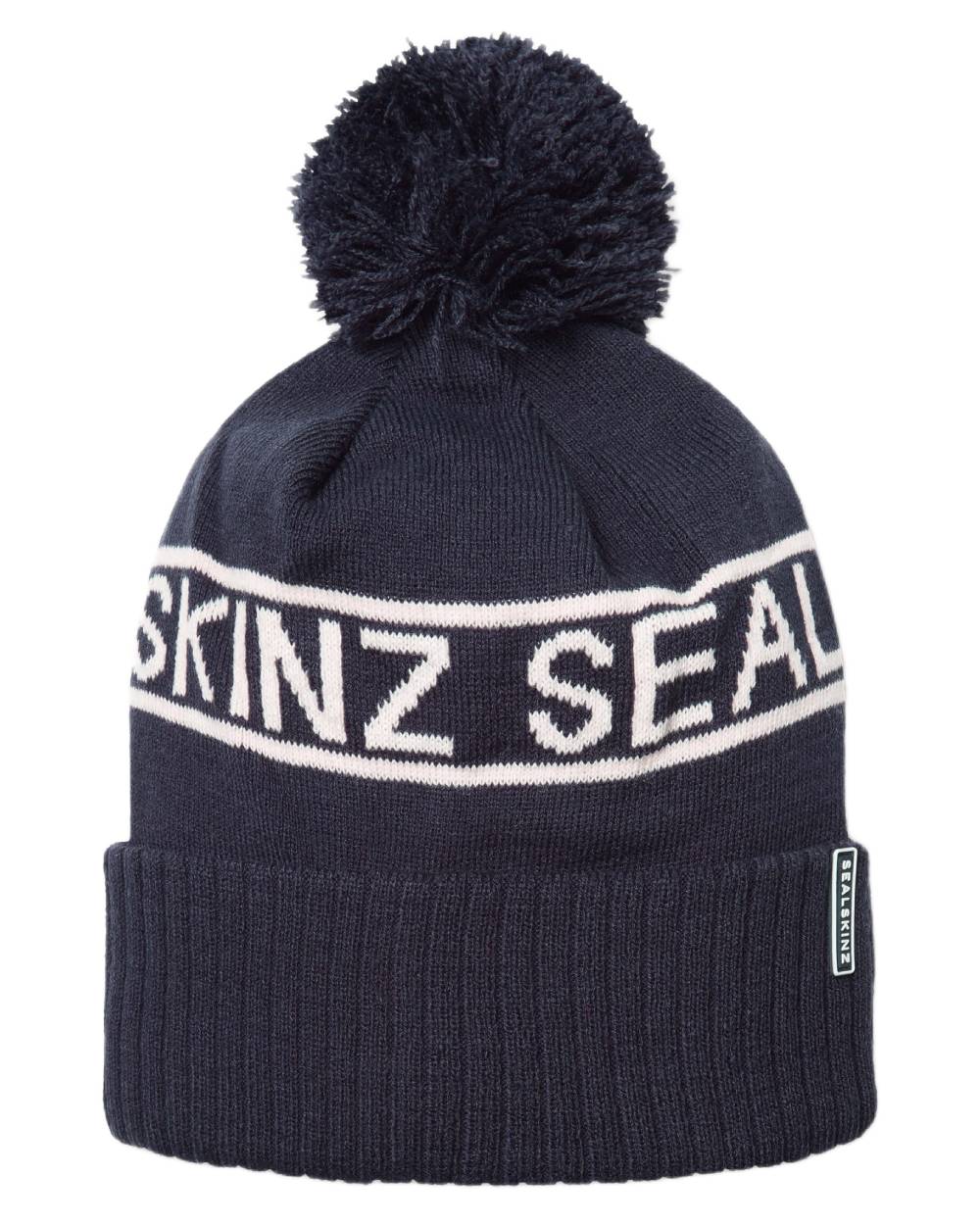 Navy Cream coloured Sealskinz Heacham Waterproof Icon Bobble Hat on white background 