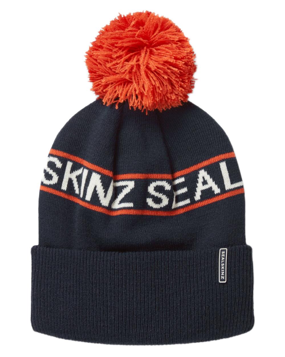 Navy coloured Sealskinz Heacham Waterproof Icon Bobble Hat on white background 