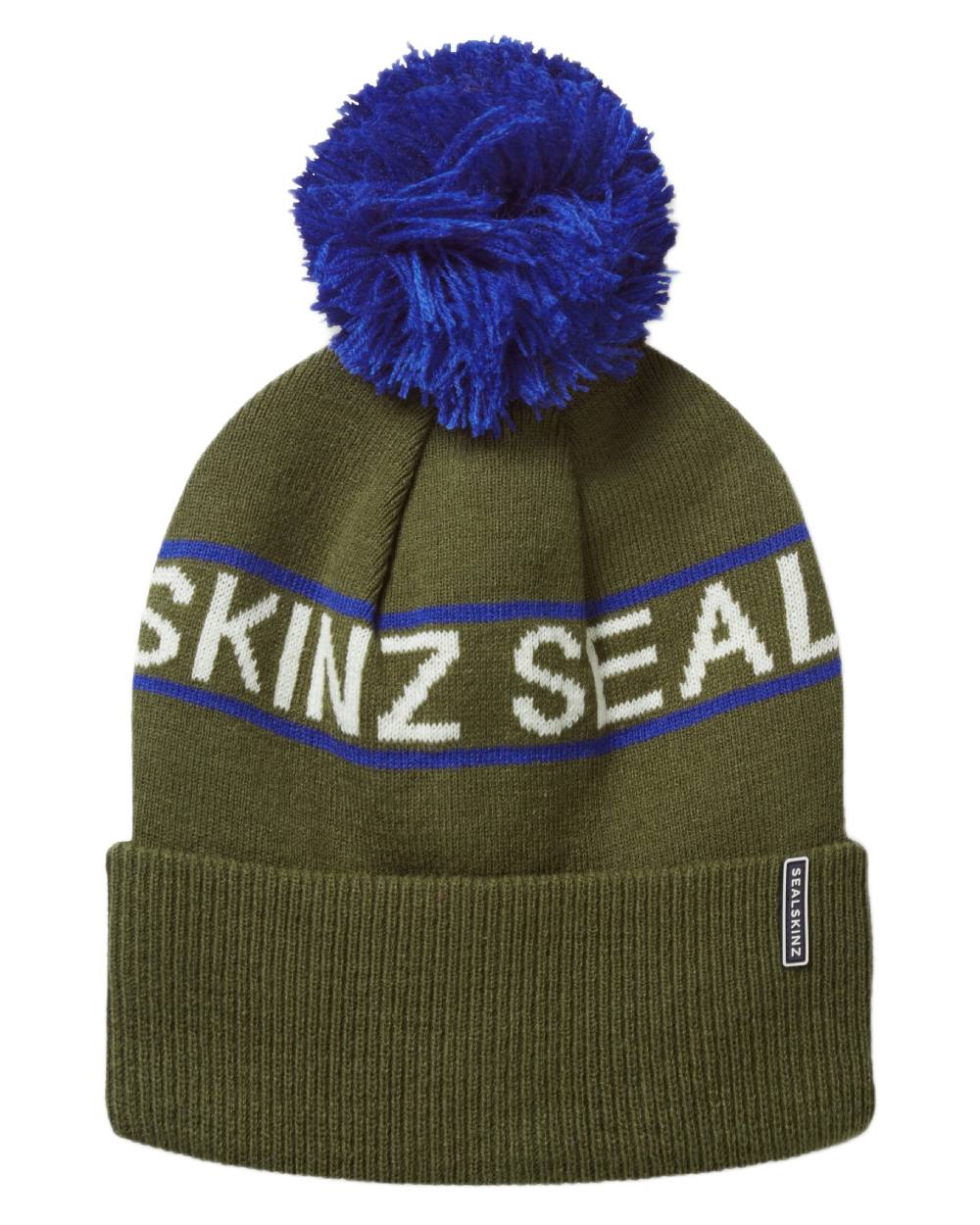 Olive coloured Sealskinz Heacham Waterproof Icon Bobble Hat on white background 