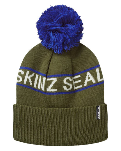 Olive coloured Sealskinz Heacham Waterproof Icon Bobble Hat on white background 