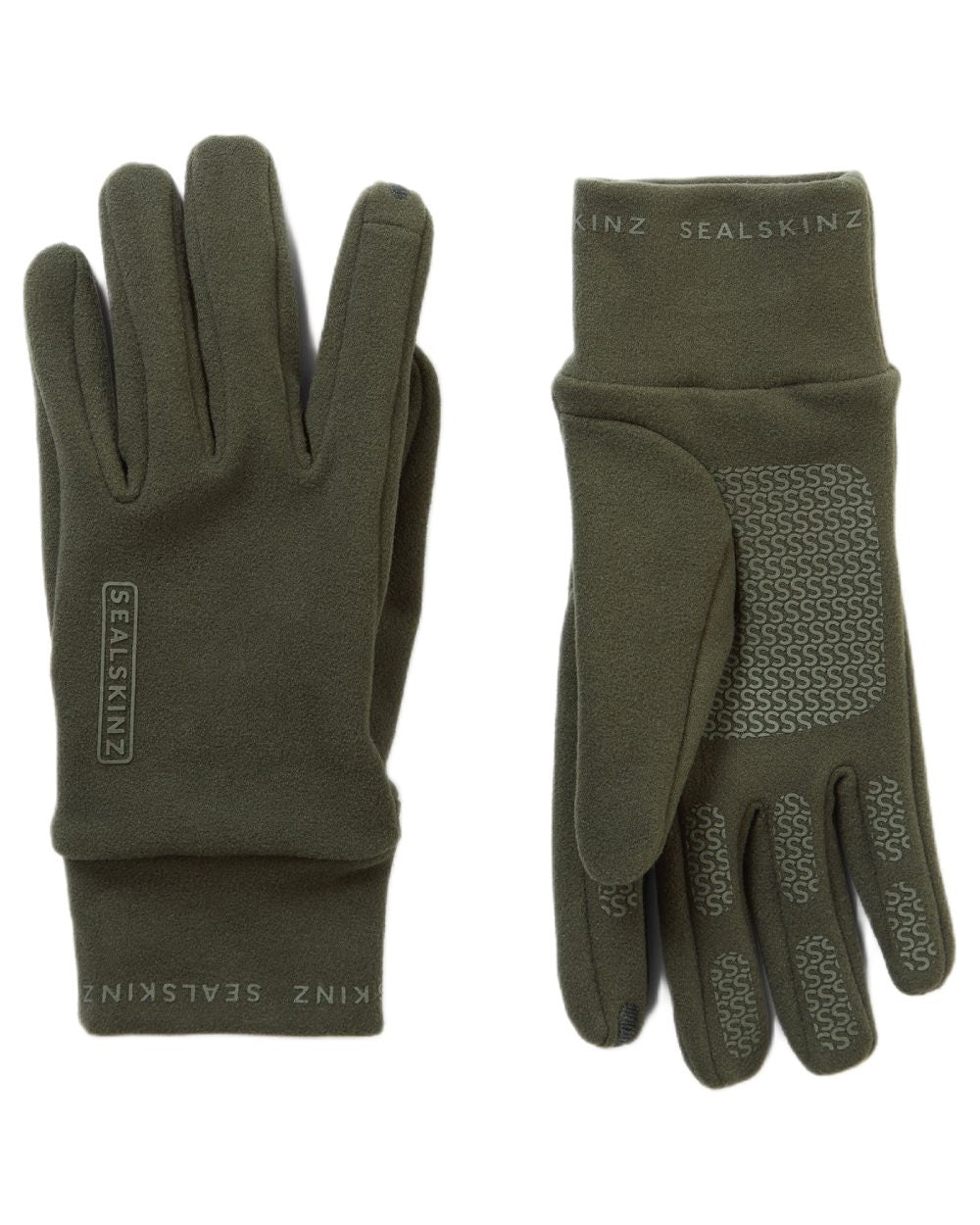 Olive coloured Sealskinz Lenwade Single Layer Micro Fleece Gloves on white background 