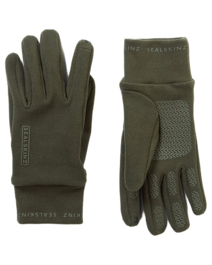 Olive coloured Sealskinz Lenwade Single Layer Micro Fleece Gloves on white background 