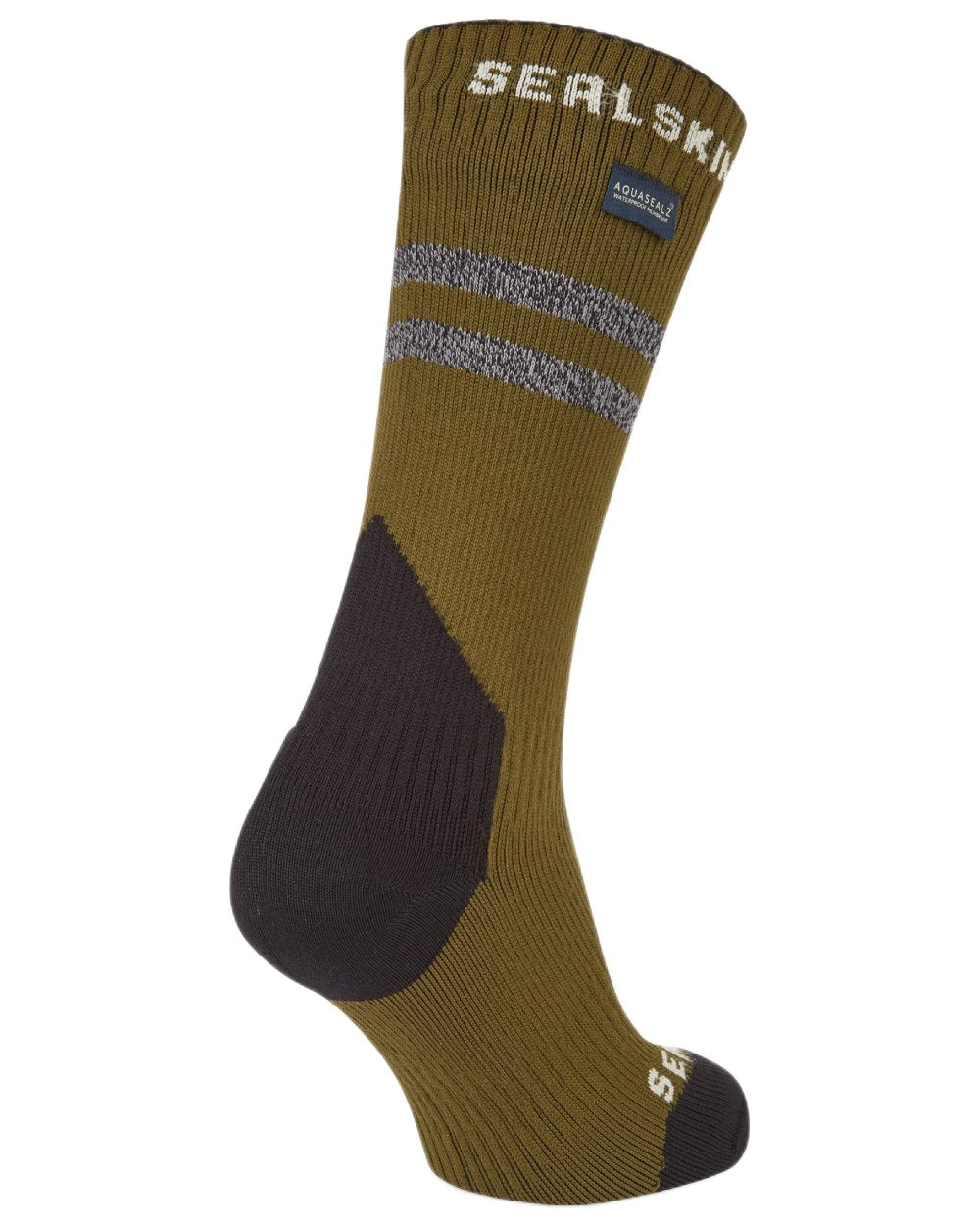 Olive coloured Sealskinz Runton Waterproof Mid Length Hydrostop Socks on white background 