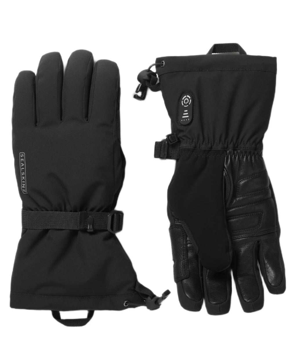 Black coloured Sealskinz Stowbridge Waterproof Automatic Heated Gauntlet on white background 