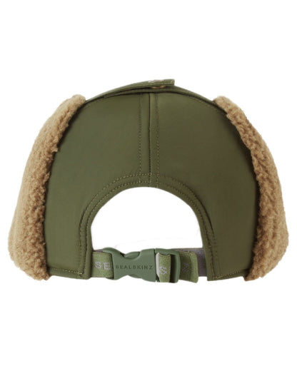 Olive coloured Sealskinz Upton Waterproof Extreme Cold Weather Puffer Hat on white background 