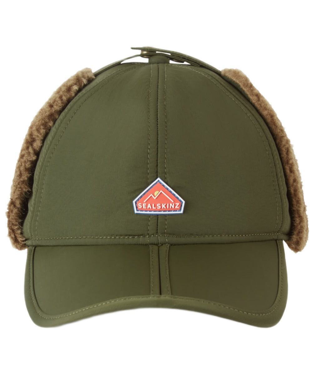 Olive coloured Sealskinz Upton Waterproof Extreme Cold Weather Puffer Hat on white background 