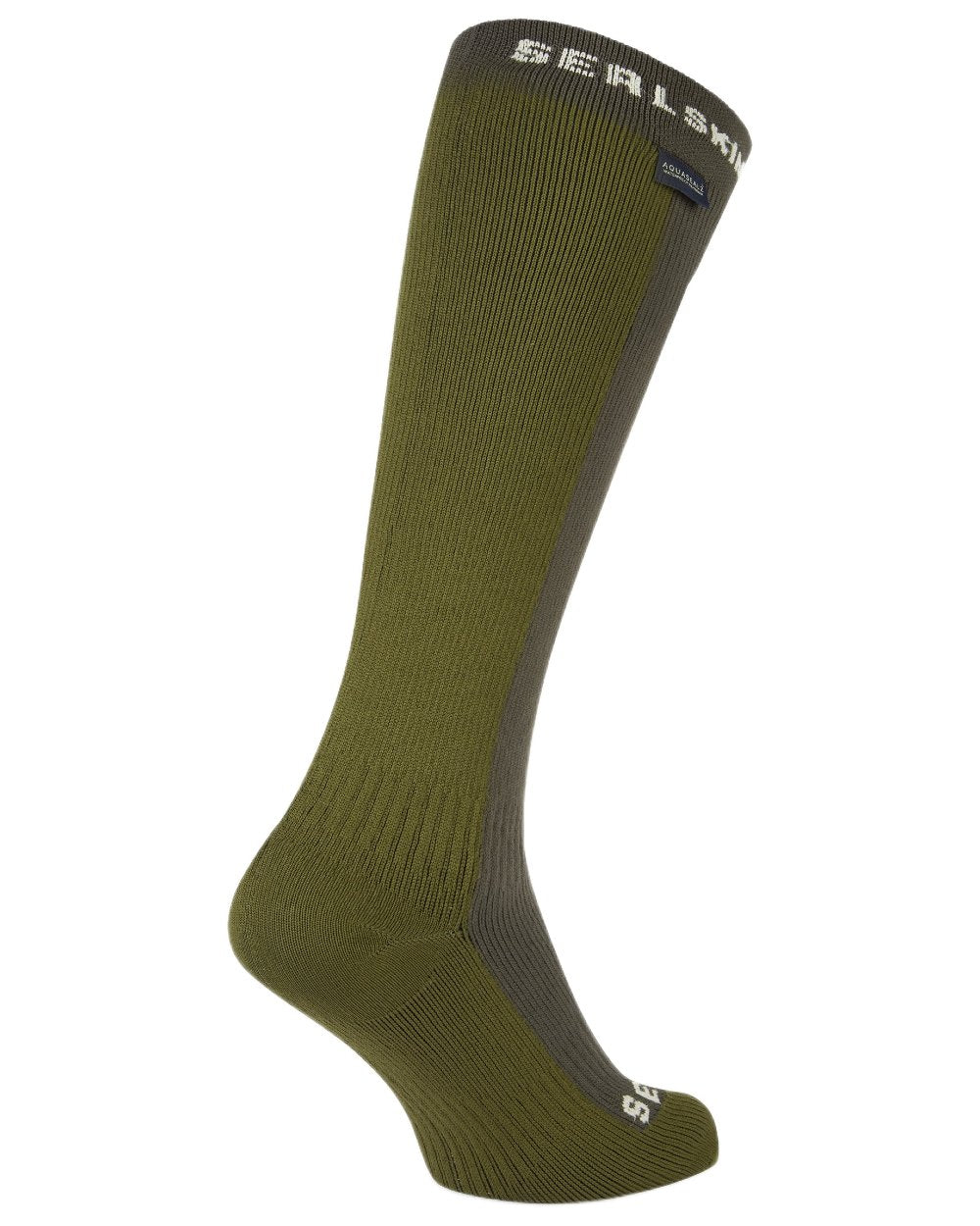 Olive coloured Sealskinz Worstead Waterproof Cold Weather Knee Length Socks on white background 