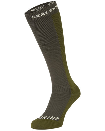 Olive coloured Sealskinz Worstead Waterproof Cold Weather Knee Length Socks on white background 