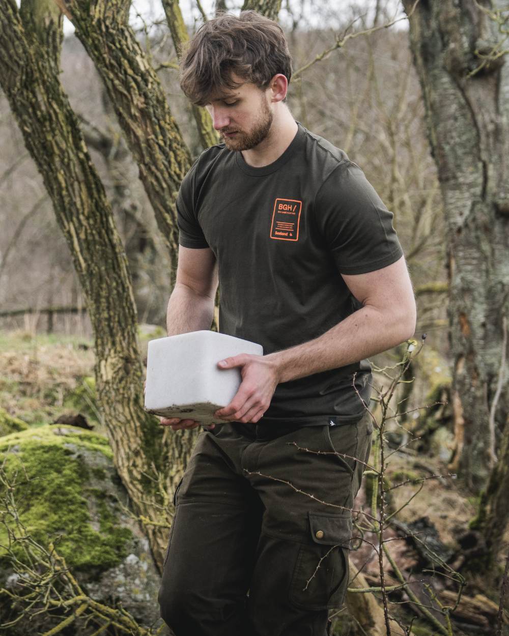 Pine Green coloured Seeland BGH T-Shirt on forest background 