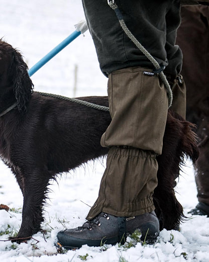 Shaded Olive Coloured Seeland Buckthorn Gaiters on snow background 