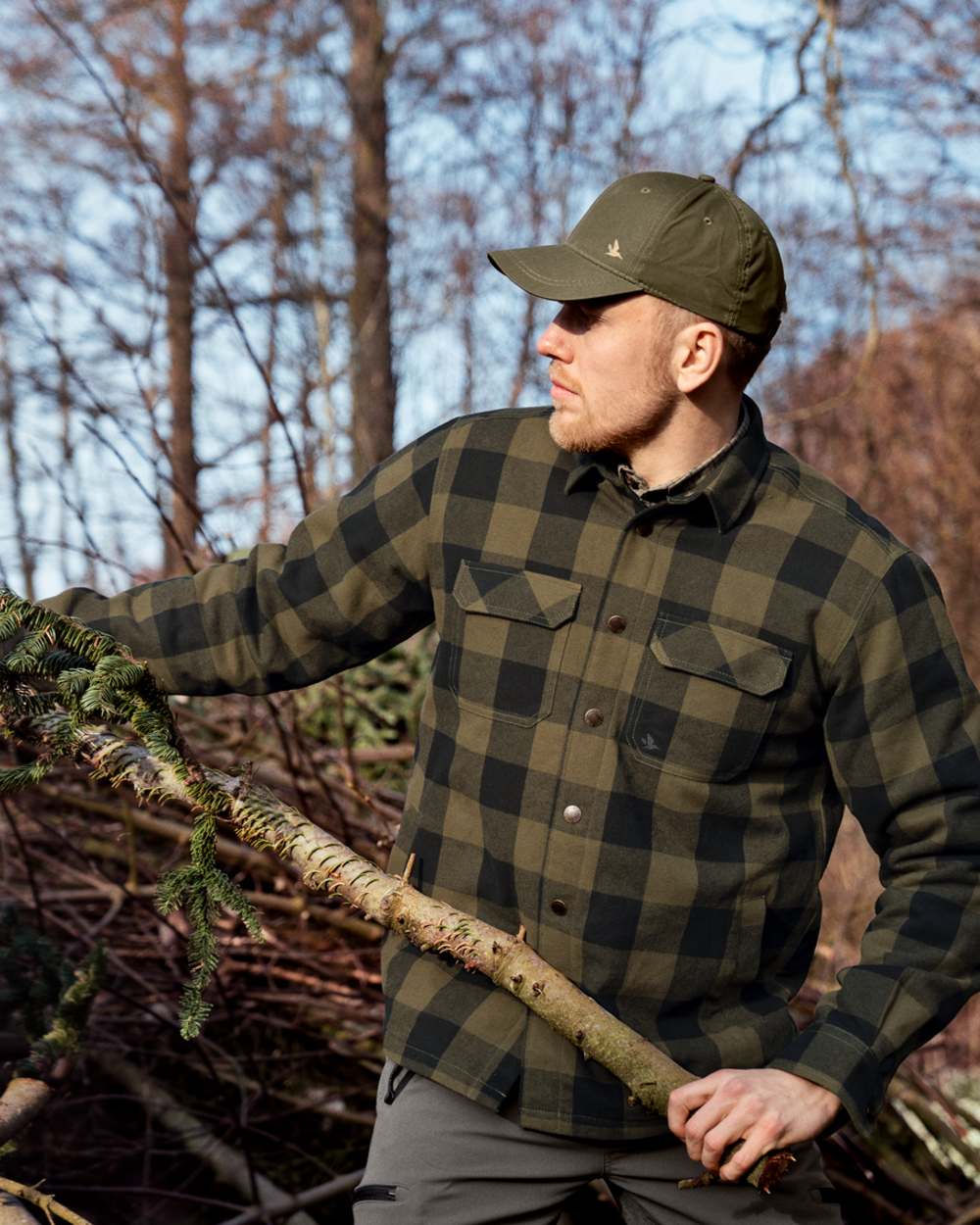 Green Check Coloured Seeland Canada Quilted Shirt on forest background 