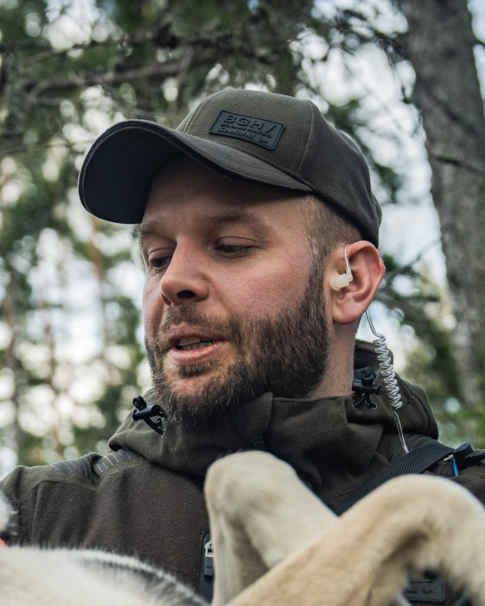 Pine Green coloured Seeland Chaser BGH Cap on forest background 
