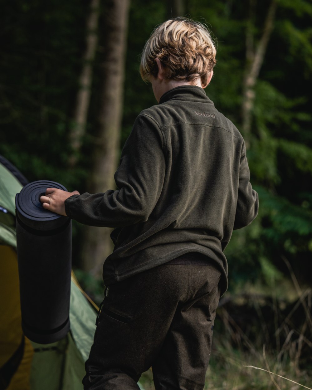 Pine Green Coloured Seeland Childrens Benjamin Fleece on outdoor background 
