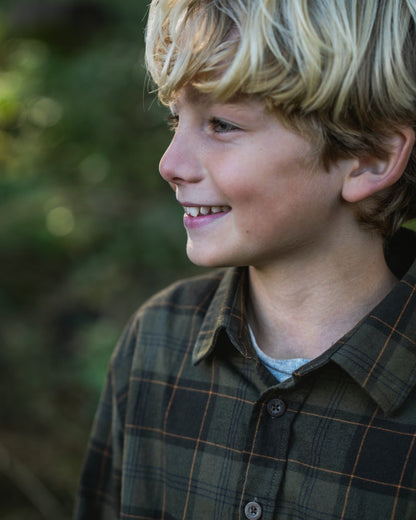 Pine Green Dark Navy Check Coloured Seeland Childrens Glen Flannel Shirt on outdoor background 