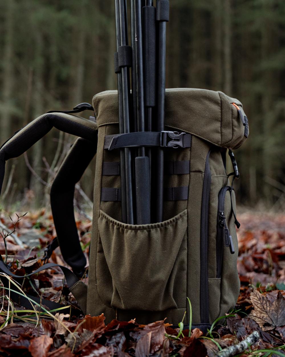 Pine Green coloured Seeland Enduro Chair Backpack on forest background 