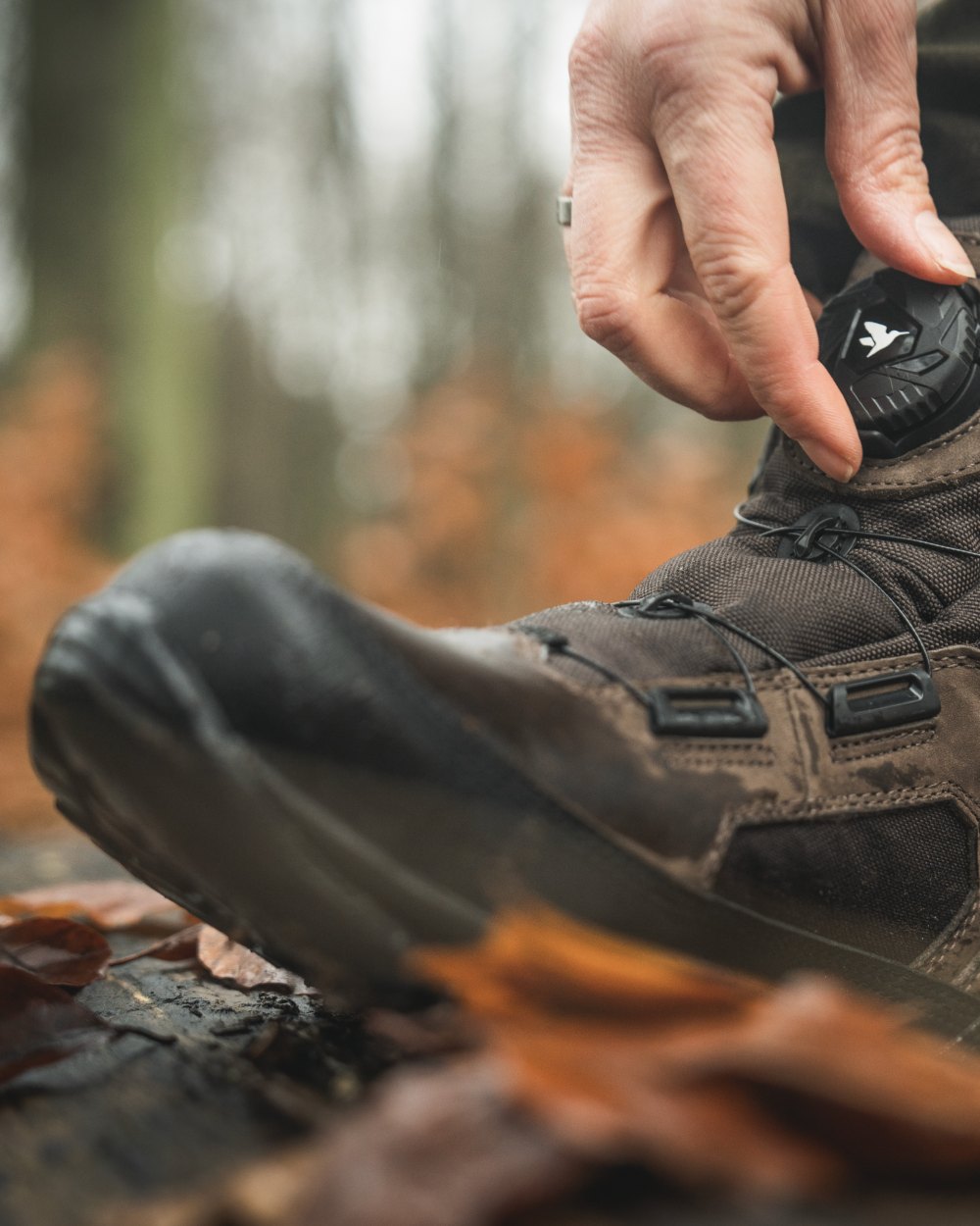 Dark Brown coloured Seeland Enduro Dial Aya Boots on forest background 