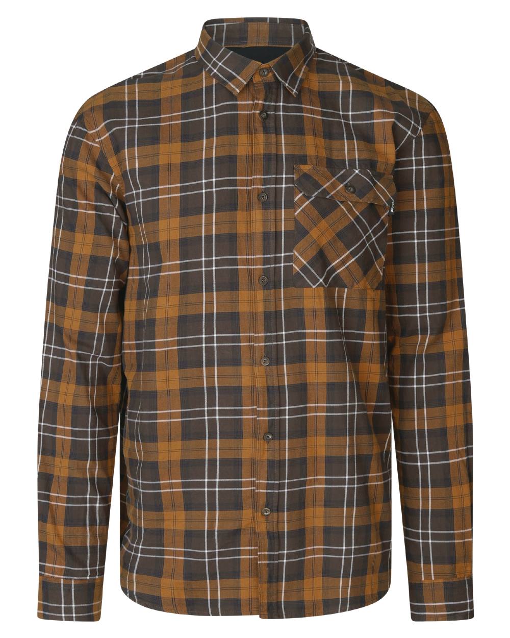 Dark Brown Camel Check coloured Seeland Glen Flannel Shirt on white background 