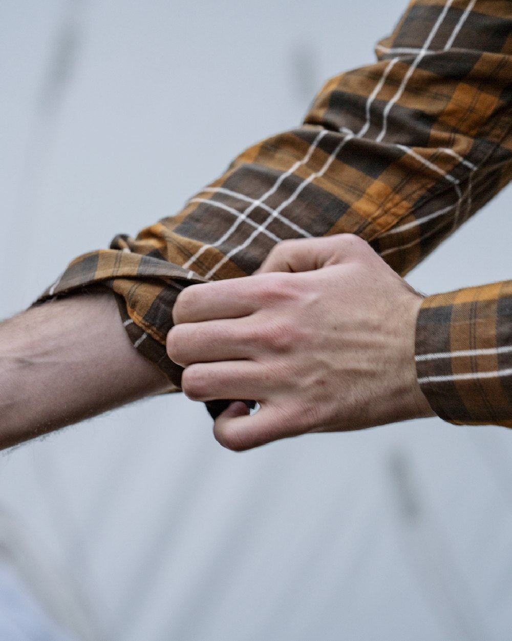 Dark Brown Camel Check coloured Seeland Glen Flannel Shirt on outdoor background 