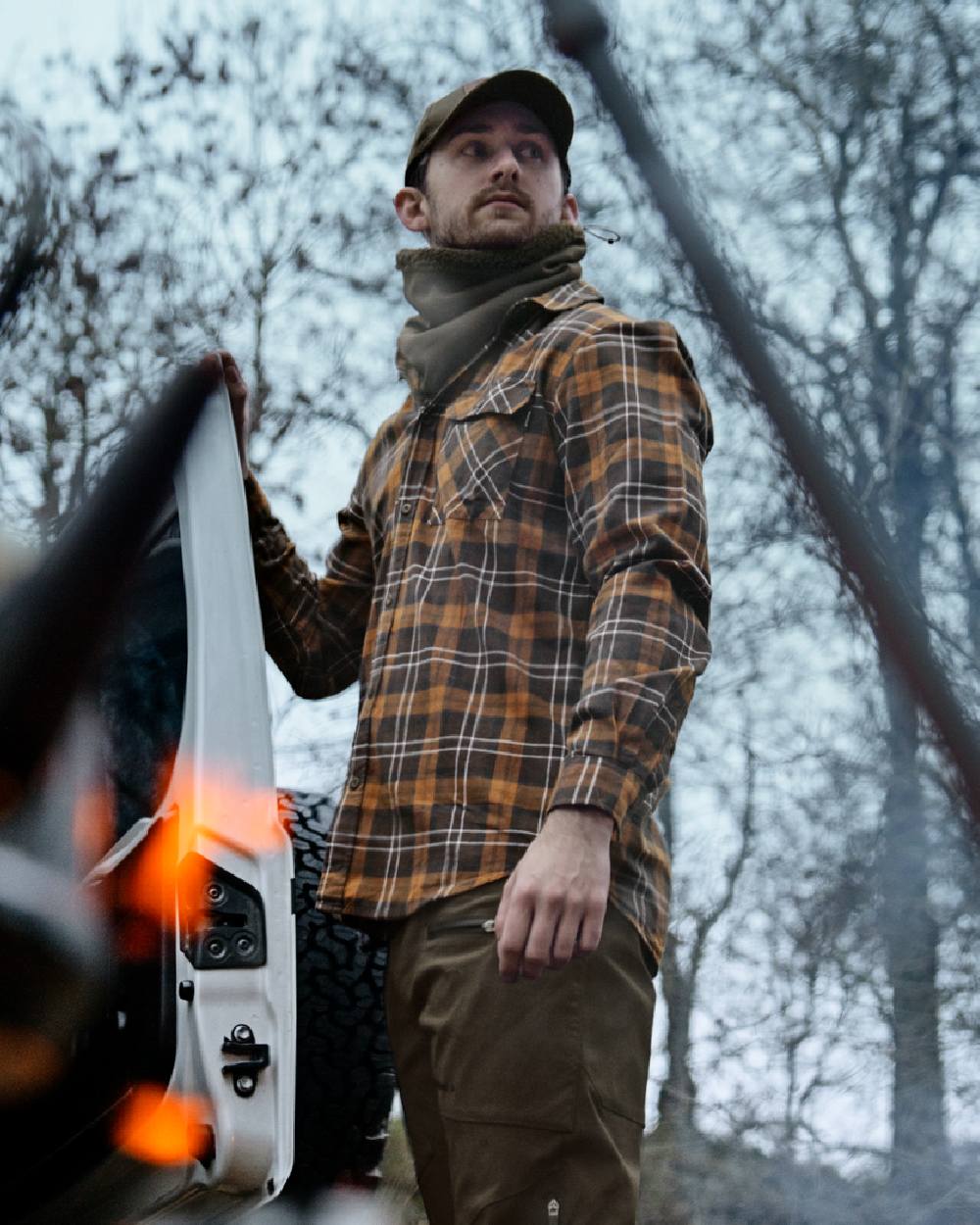 Dark Brown Camel Check coloured Seeland Glen Flannel Shirt on outdoor background 
