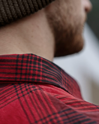 Red Check coloured Seeland Glen Flannel Shirt on woodland background 