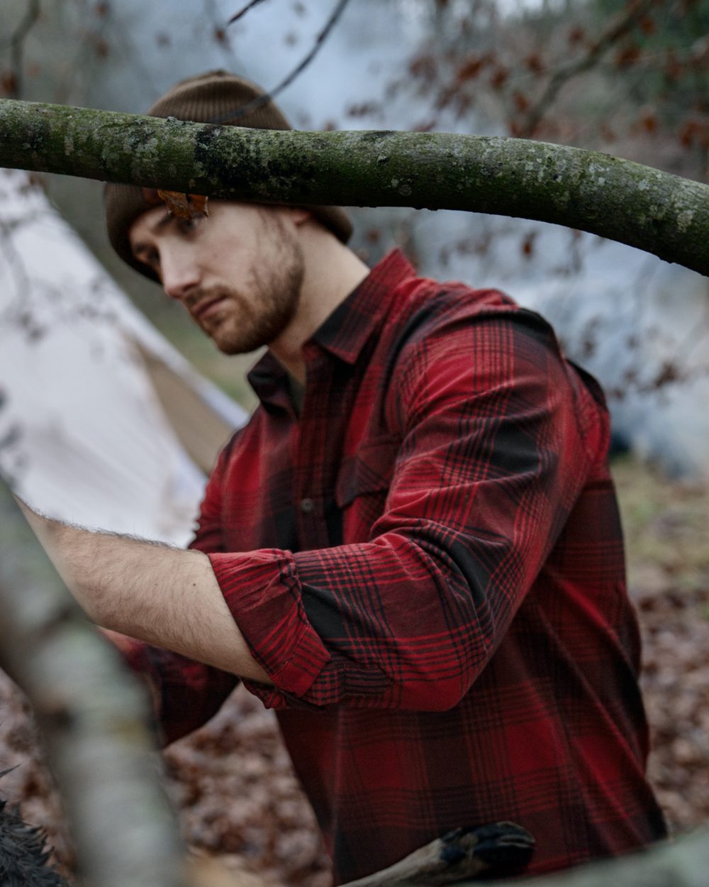 Red Check coloured Seeland Glen Flannel Shirt on woodland background 