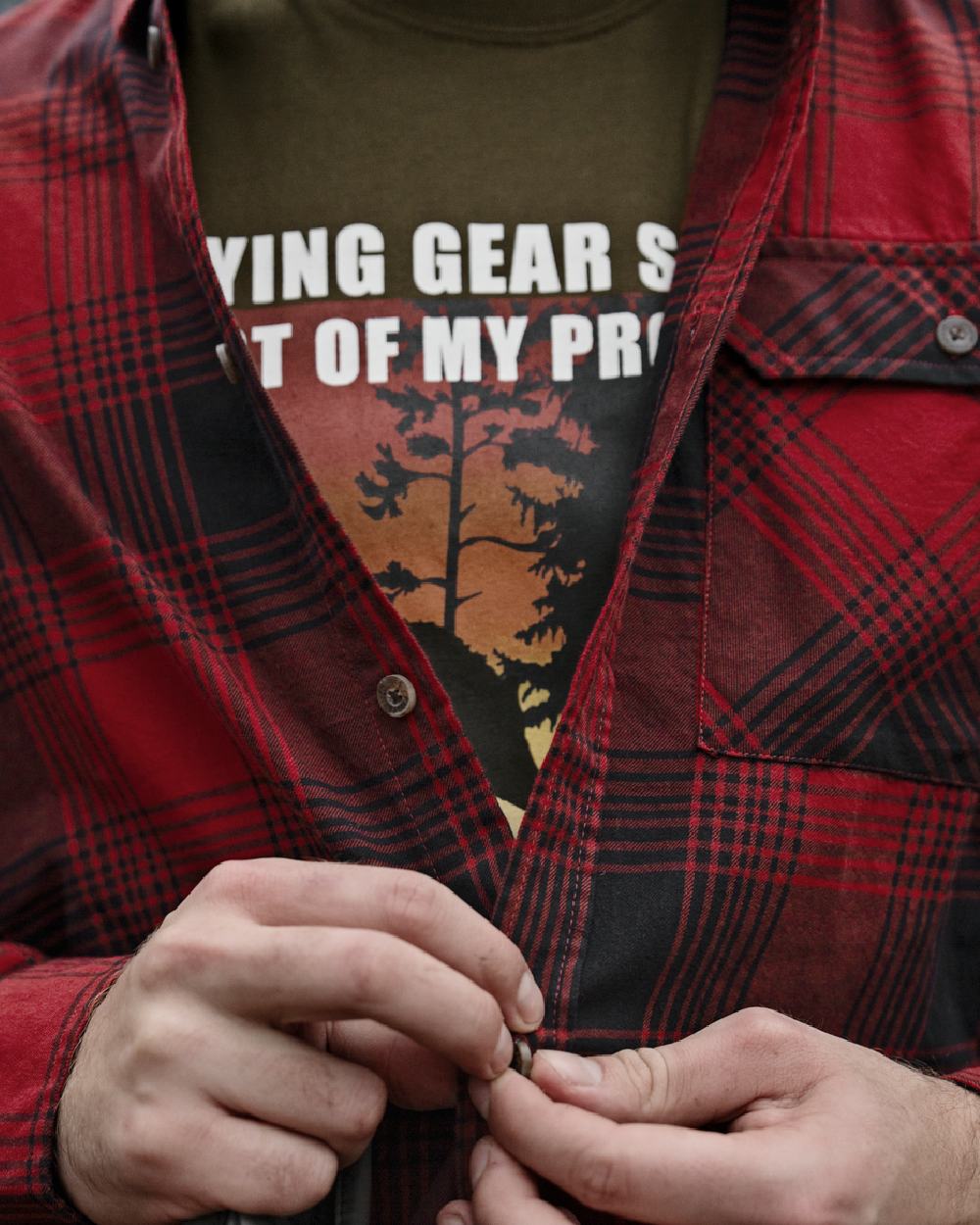 Red Check coloured Seeland Glen Flannel Shirt on woodland background 