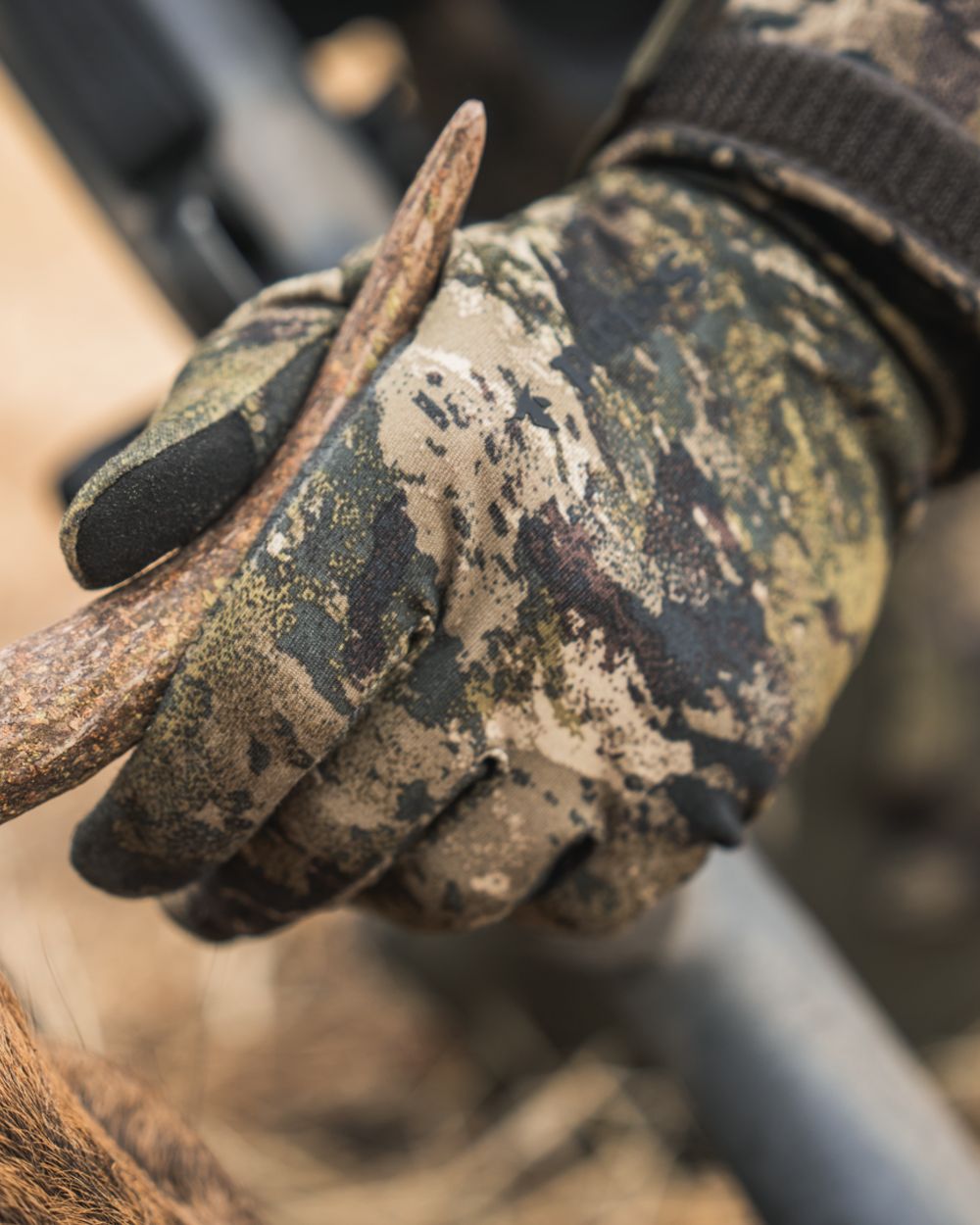 InVis MPC Green coloured Seeland Grip Camo Gloves on forest background 