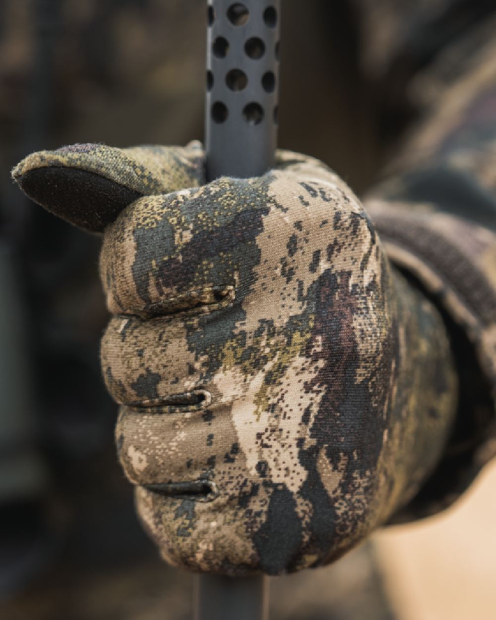 InVis MPC Green coloured Seeland Grip Camo Gloves on forest background 