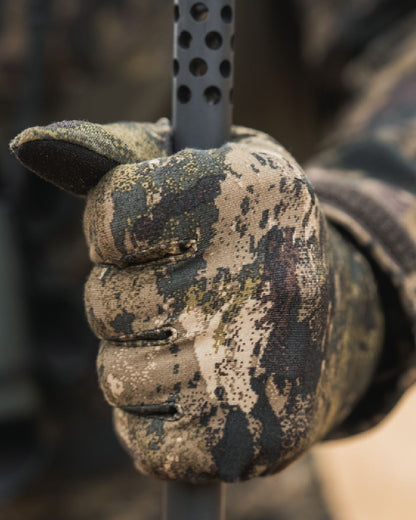 InVis MPC Green coloured Seeland Grip Camo Gloves on forest background 