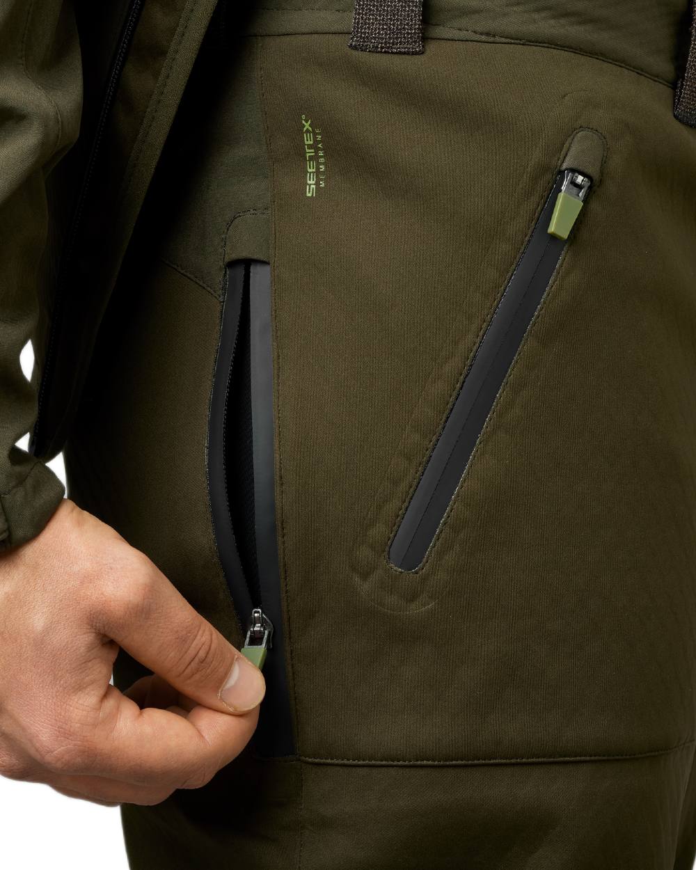 Pine Green Coloured Seeland Hawker Shell II Waterproof Trousers on white background 