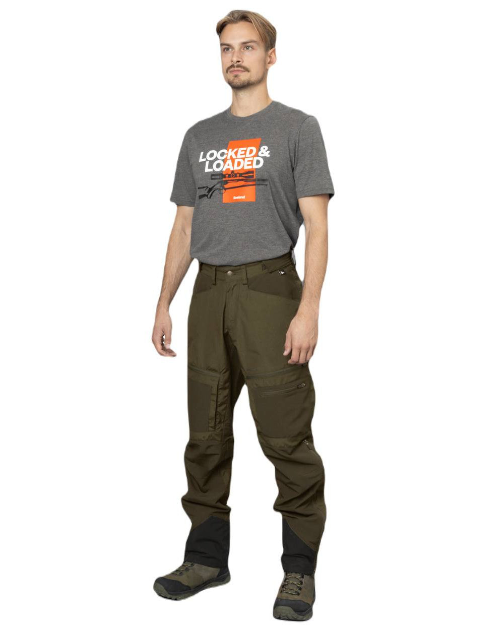 Pine Green Grizzly Brown Coloured Seeland Hemlock Trousers on white background 